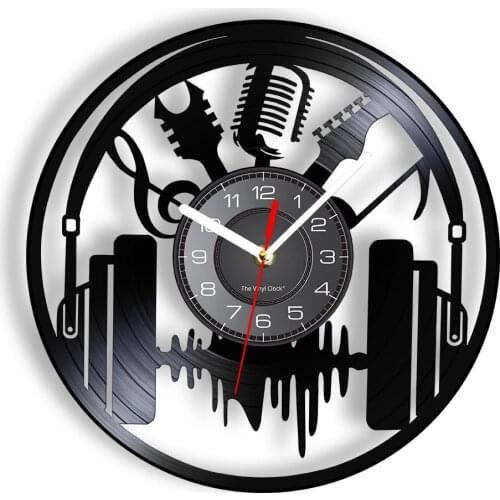 Headphone Wall Clock Made Of Real Vinyl Record Acoustic Wave Guitar Microphoe Icon LED Backlight Modern Timepiece To Music Lover