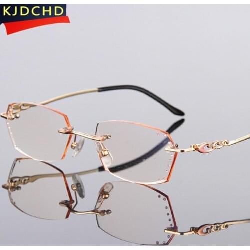 New Fashion Reading Glasses Women Rhinestone Readers Eyewear Computer For Work Rimless Frame Gold Presbyopic Optical Eyeglasses