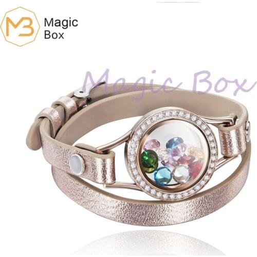 25mm Tiwst open waterproof Stainless Steel floating locket bracelet with double rose leather wrap for women no charms