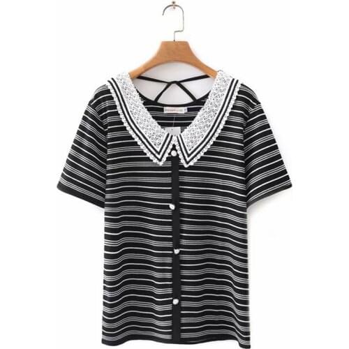 Plus Size White Black Womens V-neck Slim Tshirts Casual Short Sleeve Striped Tops Oversized Lace Vintage Shirts