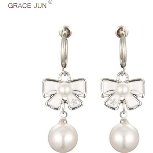 GRACE JUN New Fashion Simulated Pearl Bowknot Style Clip on Earrings Non Piercing Ears for Women Party Pom Luxury Earrings 2018