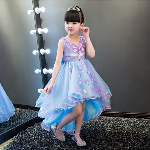 Blue Tulle Appliques Trailing Girls Wedding Dress flower Girl Dress Girls Prom Formal First Communion Gown for Baptism Birthday