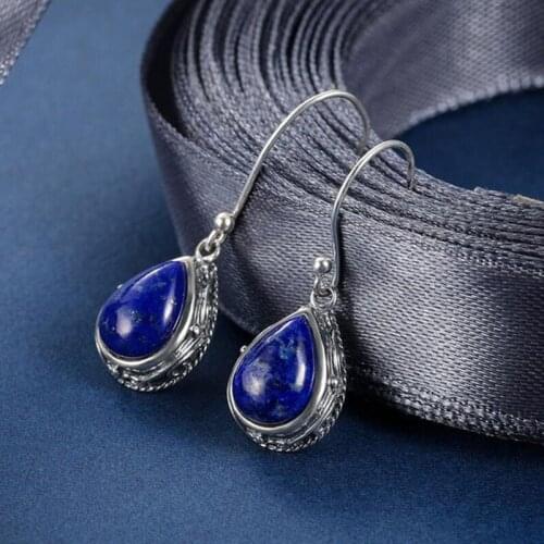 Tibetan Small Water Drop Deep Navy Blue Stone Earrings Vintage Ethnic Thai Silver Color Droplet Jewelry Dangle Earring