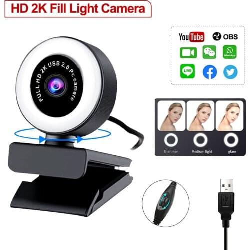 2K/1080P HD Autofocus USB 2.0 Webcam With Microphone LED Ring Light For Desktop 360° Rotatable Top Mini Cameras For Video Live