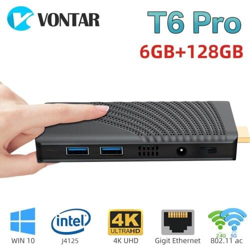 VONTAR T6 Pro Portable Mini PC Intel J4125 Quad Core 6GB 128GB Windows 10 Pro PC Stick with HD output 4K Mini Computer