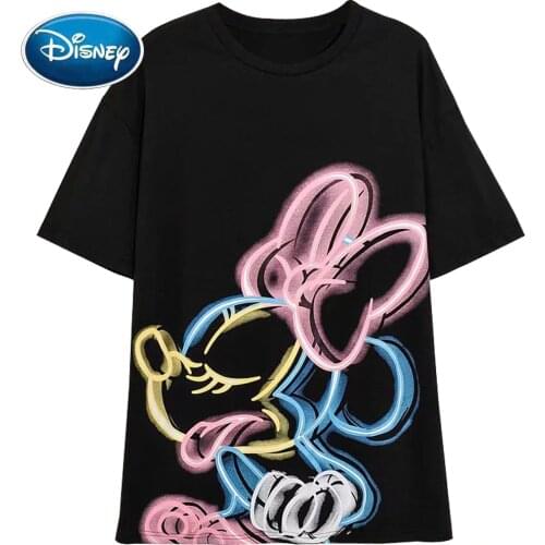 Disney T-Shirt Fashion NEON Graffiti Minnie Mouse Cartoon Print Women T-Shirt O-Neck Short Sleeve Cotton Tee Tops Female Black