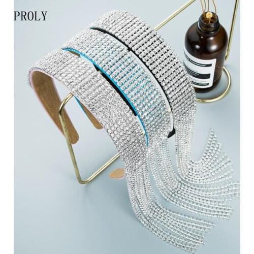 PROLY Fashion Women Headband Wide Side Shining Rhinestone Hairband Tassel Sagging Individuality Headwear Adult Hair Accessories