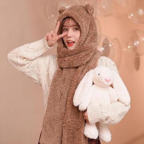 Women Winter Warm Plush Solid Color Bear Ear Design Scarf Hat Cap Earflap Set