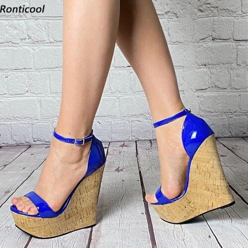 Ronticool 2021 Summer Women Ankle Strap Sandals Patent Sexy Wedges Heel Open Toe Gorgeous 13 Colors Party Shoes Plus Size 35-46