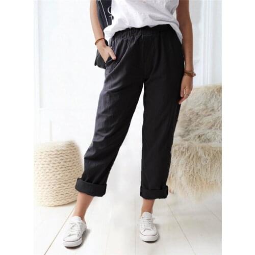 Women Summer Lounge Pants, Casual Elastic Waist Solid Color Wide Leg Rolled Cuff Pants, Black/Grey/Blue/Khaki,S/ M/ L/XL