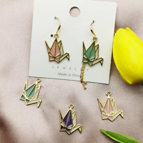 10pcs Transparent Drop Oil Thousand Paper Crane Enamel Charms Gold Color Metal Pendants Fit Jewelry Earring Bracelet DIY Finding