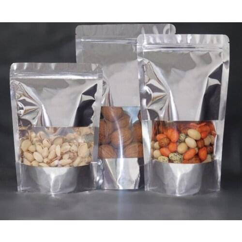 100 Pcs/Lot Silver Clear Stand Up Aluminum Foil Zip Lock Bags Resealable Heat Seal Plastic Clear Window Bag, Food Storage Pouch