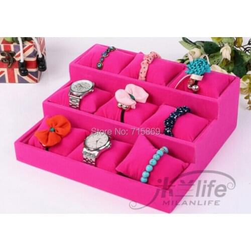 Free Ship 1pcs Rose Color wood+Velvet Jewelry Display Case 12 Grid Pillow Watches Bracelet