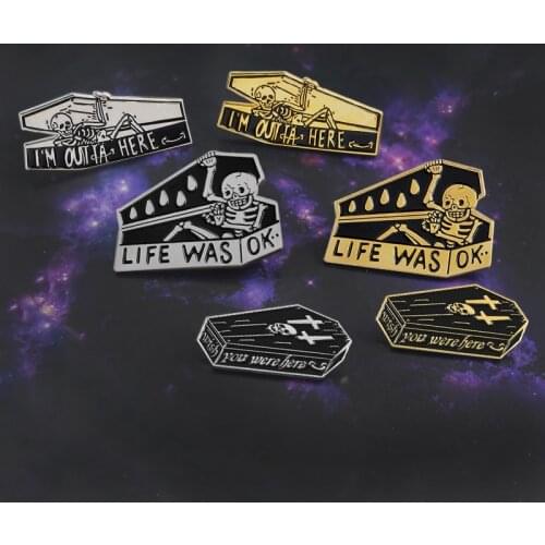 Skeleton Coffin Brooch "Wish You Were Here, I'm Out TA Here, Life Was OK" Zombie Cross Enamel Pin Gothic Badge Halloween Jewelry