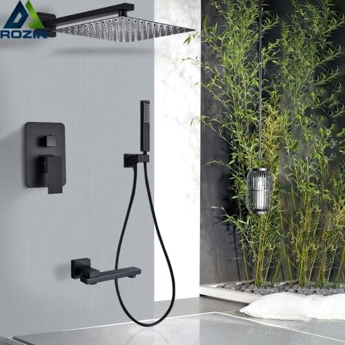 Black Shower Set Wall Mounted Shower Faucet Mixer 8/10/12/16 inch Rainfall Bathroom Shower Tap with Handshower Rotate Bath Spout