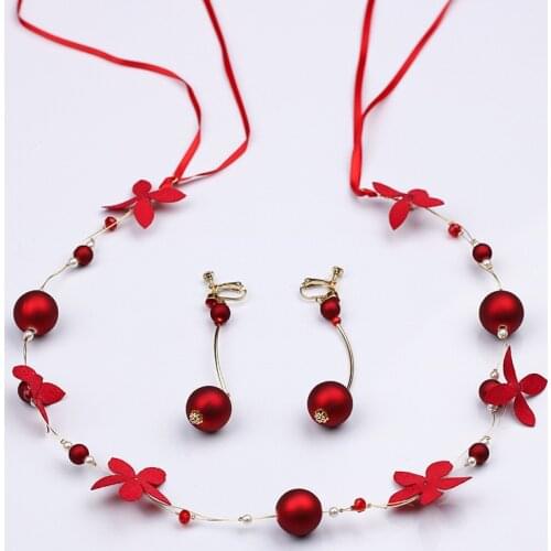 Elegant Fashion Women Red Crystal Pearl flower Bride Hairband Crown Wedding Toast Clothing Hair Accessories Earrings Set Jewelry