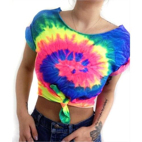 Rainbow Tie Dye T Shirt Women Summer Sexy Short Sleeve Psychedelic Hippie Rave Top Knot Beach Tee Outfit