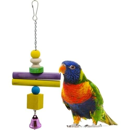 1pc Parrot Block Toy Anti-Biting Wooden Bird Chew Toy Parrot Hanging Toy With Bell Pet Supplies Pet Accessories