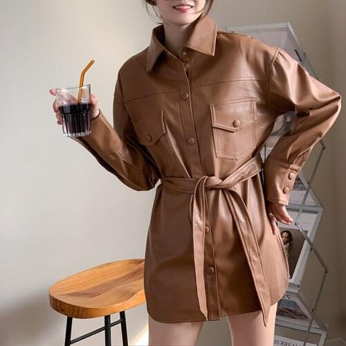 Coffee Color Soft Faux Leather Coats With Belt Black High Waist Korean PU Biker Jacket Casual Autumn Single Breasted Female Coat