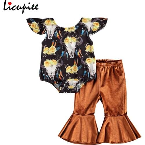 0-24 Months Baby Girls Two-piece Clothes Set, Black Printing Fly Sleeves Romper + Brown Solid Color Pants