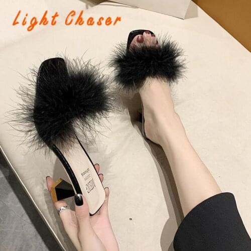 Summer Shoes Woman Feather Thin High Heels Fur Slippers Peep Toe Ladies Slippers Mules Lady Pumps Slides Shoes Womens Sandals