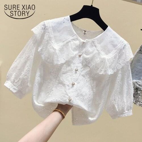 Summer 2021 Lace Embroidery Blouse Women French Hollow Out Peter Pan Collar Blusa Shirts Elegant Short Sleeve Female Top 15010