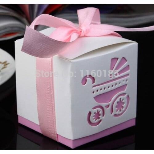 Hot 50pcs Pink Baby Carriage Wedding baby shower Candy Box favor paper box favour gift box Girls' birthday Party decoration
