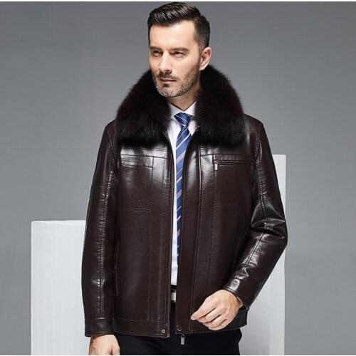 Autumn winter 2021 middle aged and old sheep skin mens Fox Fur Collar leather jacket