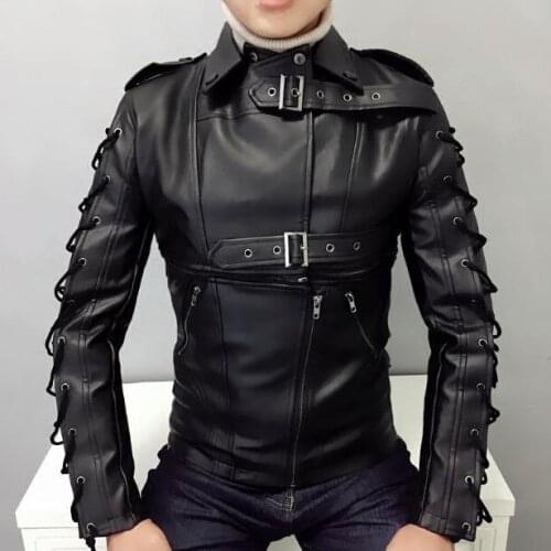 Mens New skinny lape Genuine stitching punk motorcycle jacket male Slim Korean personality leather clothes