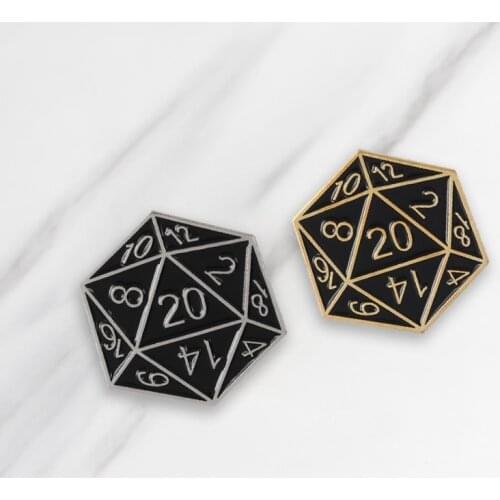 D Twenty sided dice Soft Enamel Brooch Black Button Pin clothes Badges Punk Game Jewelry Gift for Fans Friends
