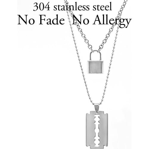 Never Fade Punk Lock Necklace Stainless Steel Double Layer Padlock Necklace Chain With Pendant Blade Shaver Star Guitar Map