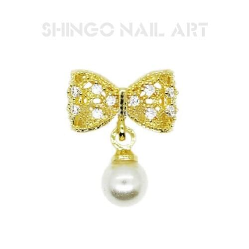 New 5pcs Nails decoration big elegant Micro-diamond with white pearl gold/silver bow pendant nail art 3d glitter pendant charms