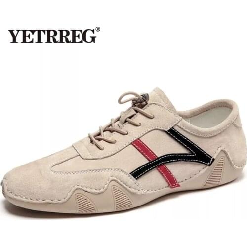 New Genuine Leather Mens Shoes Fashion Suede Loafers Breathable Lace Up Casual Shoes Non-Slip Driving Shoes Moccasins Size 46