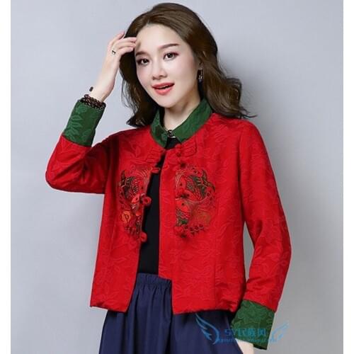 Autumn Vintage Ladies Chinese Tops Embroidery Floral Stand Collar Crop New Year Traditional Chinese Blouse TA1830