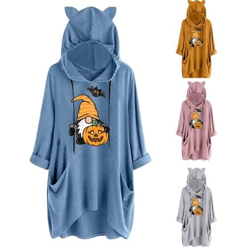 Girls Casual Halloween Sweatshirt Punmpkin Print Hooded Long Sleeve Pocket Hoodie 2021 Fashion Cute Womens Comfortable Gift Tops