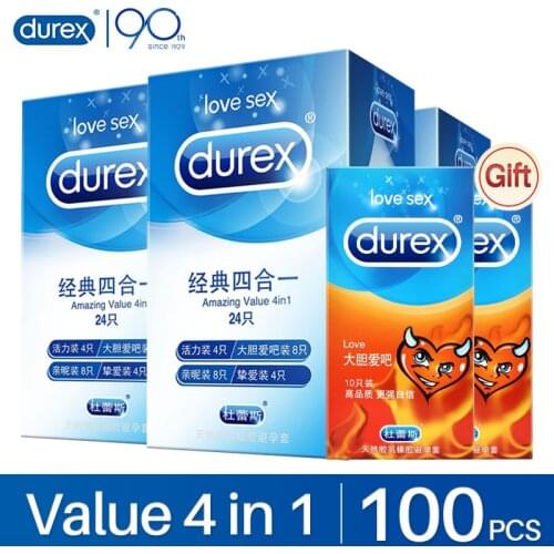 Durex Condoms 100Pcs 4 Types Amazing Value Natural Latex Lubricated Penis Sleeve Ultra Thin Cock Condom for Men Sex Toy Products