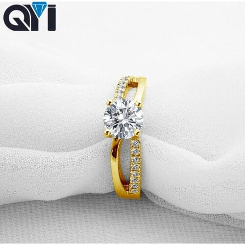 QYI 1ct 14K Solid Yellow Gold Split Band Rings Women Round Cut Sona Simulated Diamond Halo Engagement Ring