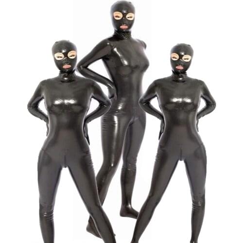 Role Play Separated Fingers One Piece Tights Full Coat Zentai Wet Look PVC Shiny Catsuit Faux Latex Zipper Open Crotch Bodysuit