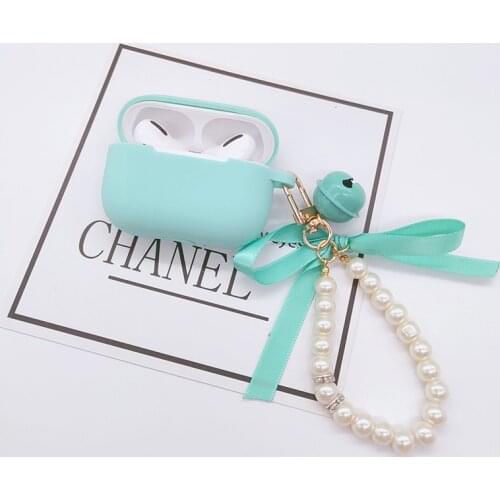 Luxury Ribbon Pearl Bells Keychain Silicone Headphone Earphone case for apple airpods 1 2 3 pro Wireless Headset cover Fundas