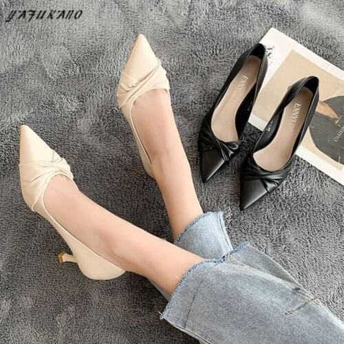 Fashion Pointed Toe Thin Heels High Heels Autumn New Career Work Shoes Temperament Soft Leather Pleated Women Shoes Lady Pumps