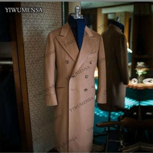 YIWUMENSA Camel Brwon Tweed Woolen Blend Double Breasted Formal Mens Long Overcoats With Belt Wool Latest Tailored Suits Blazer