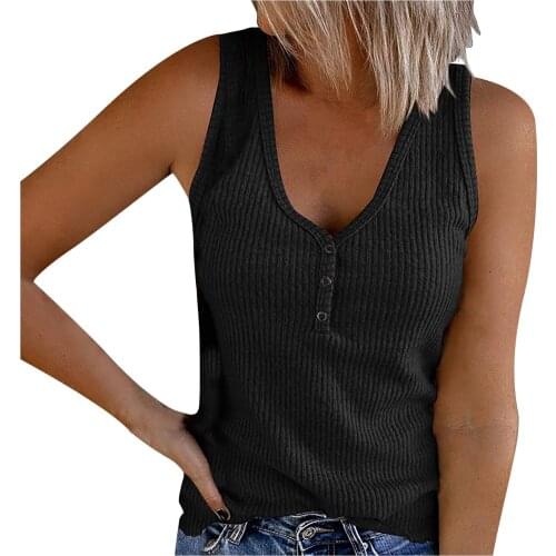 Womens V-neck Tshirt Sleeveless Button-down Casual Undershirt Shirt T-shirt V-neck Buttons Tshirt Poleras Mujer #P3