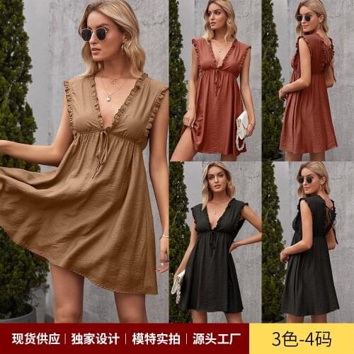 Summer Women New fashion sexy deep V-neck sleeveless wooden ear edge dress tether backless folds midi A-line skirts soft fresh