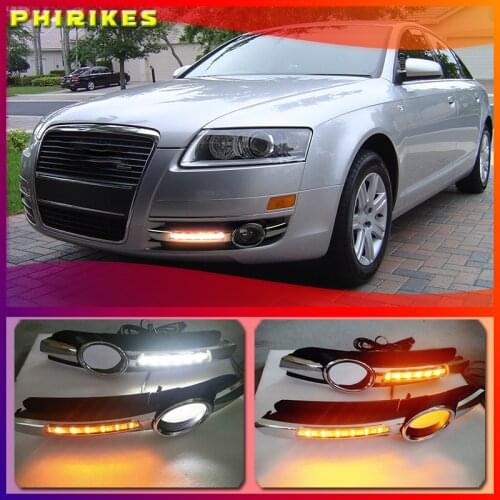2Pcs For AUDI A6 C6 2005 2006 2007 2008 LED DRL Daytime Running Lights 12V ABS Fog Lamp Hole With Yellow Turn Signal