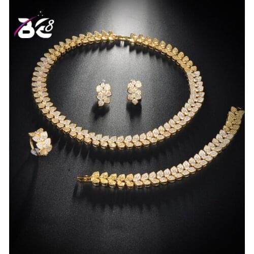 Be 8 AAA Cubic Zircon Crystal 4pcs Jewelry Leaf Shape Chain Bridal Set for Women Wedding Party, African Beads Jewelry Set S142
