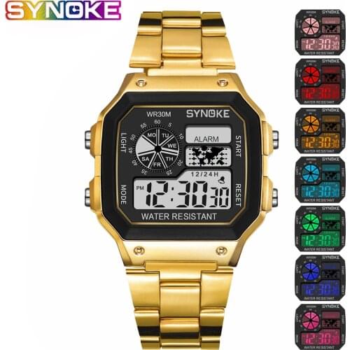 SYNOKE Gold Men Digital Watch Student Colorful Luminous Led Stainless Steel WristWatch Multi-function Fashion Gold Silver Clock