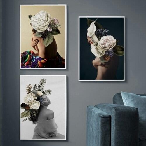 Flowers Feathers Woman Abstract Canvas Painting Wall Art Print Poster Picture Decorative Painting Living Room Home Decoration