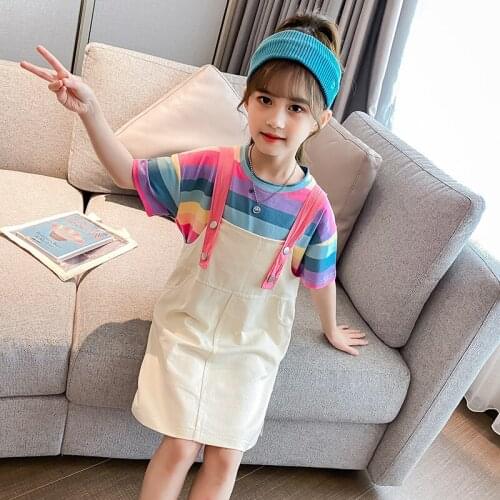 Childrens Clothing 2021 Summer Girl Pink Cute Rainbow Striped Top Suspender Skirt Two Piece 3 To 9 Year Kids Boutique Tracksuit