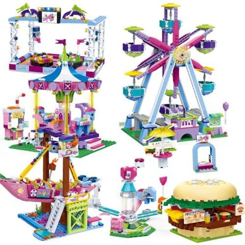 Girls Amusement Park Series Building Blocks Bumper Cars Ferris Wheel Burger Shop Carousel Playground Toys Model Sets Kids Gifts