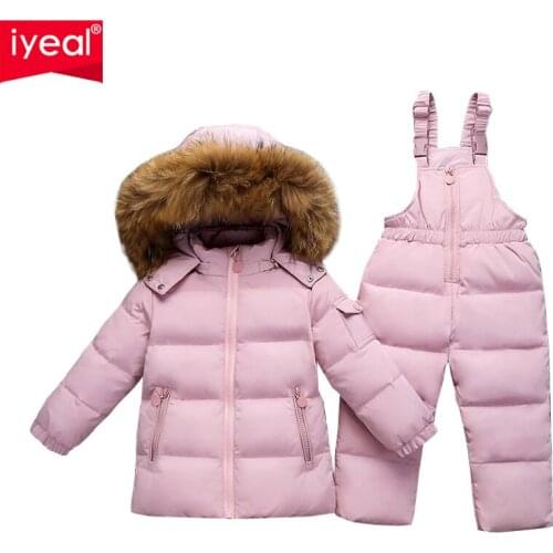 IYEAL Russia Winter Warm Down Jacket for Children Girl Clothes Large Real Raccoon Fur Coat Baby Clothing Sets Kids Boy Snow Wear